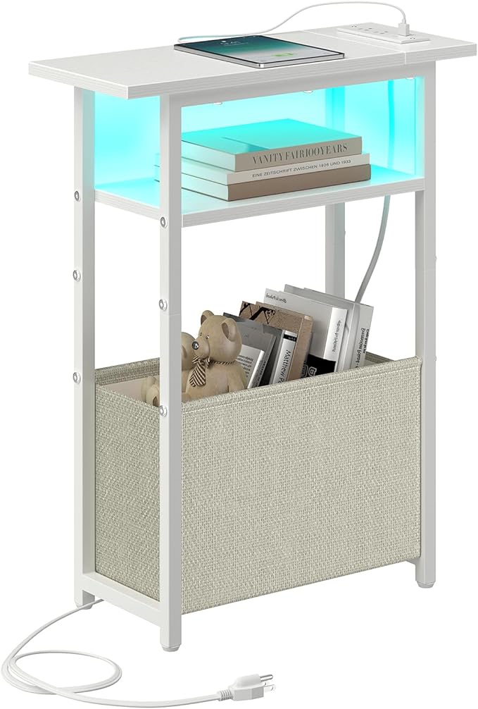 sthmec Narrow Side Table with Charging Station, LED End Table for Small Spaces, White Skinny Nightstands with Storage Basket, 3 Tier Sofa Bedside Tables for Living Room,Bedroom, White