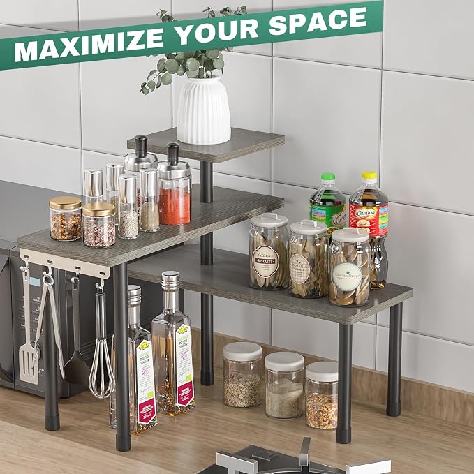 ZHWS Kitchen Countertop Organizer, Bathroom Counter Organizer, Adjustable 3 Tier Corner Shelf with 4 Metal Hooks for Counter Organize, Spice Rack, Makeups, Coffee Station Bookshelf (Rustic Grey)