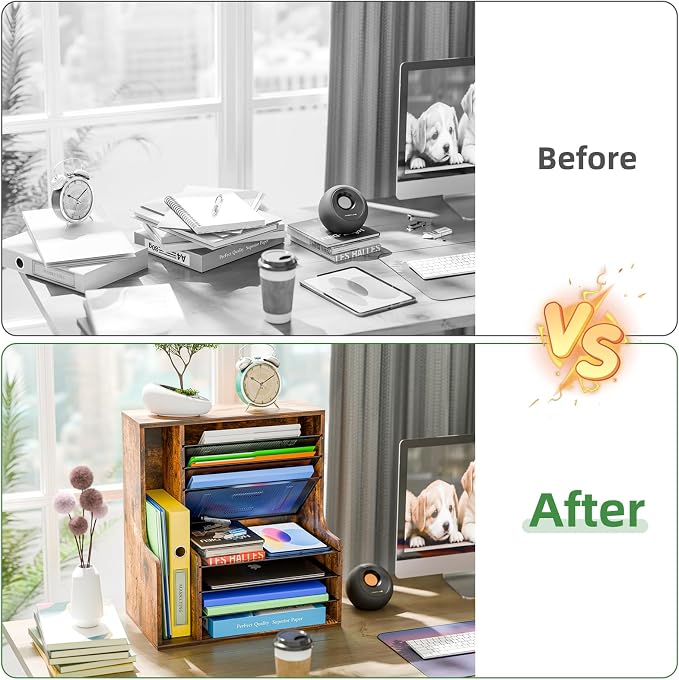 Simple Trending 7 Tier Desk File Organizer, Wooden Letter Tray Paper Organizer with Adjustable File Holder, Mesh Desktop Organizer and Storage for Office Supplies