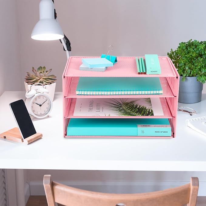 EASEPRES Paper Organizer Tray, 3 Tier Mesh Desk File Organizer Letter Sorter Holder for Home Office, Pink