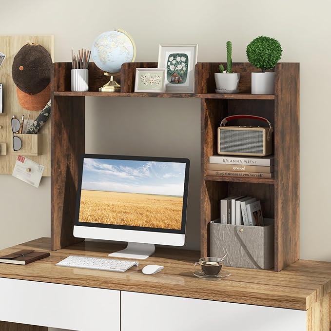 Desktop Bookshelf, 3-Tier Desk Organizer Shelves with 5 Display Rack, Countertop Storage Bookcase for Computer Desk, Desk Hutch Shelf for Top of Desk, Dorm, Home, Office (Rustic Brown)