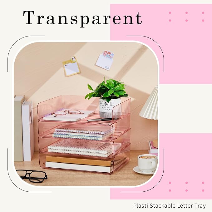 Harloon 4 Tier Pink Acrylic Paper Organizer 13 x 9.8 x 3 Inches Letter Tray Desk File Organizer Stackable Documents Clear Letter Paper Holder Office Tray for A4, Office Home File Desktop Storage