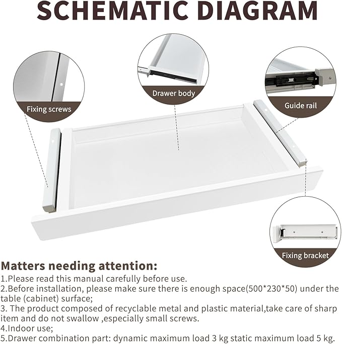 Under Desk Mounted Sliding Drawer to pull out, Attachable Desk Pencil Drawer Ball-Bearing Slides (White)