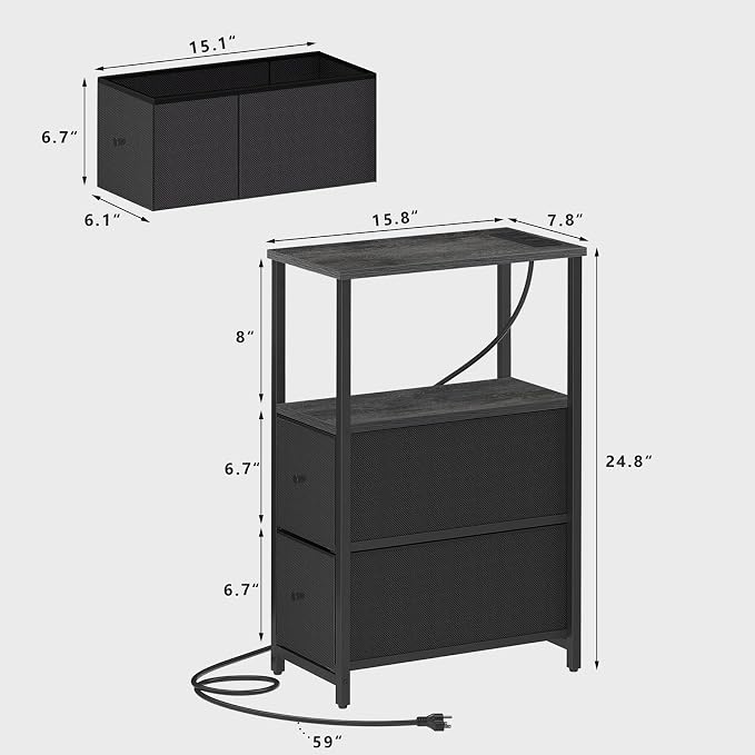 TUTOTAK Small Narrow End Table with Charging Station, Set of 2, Side Table with Outlets, Nightstand with 2 Cloth Drawers, Couch Table, for Living Room, Bedroom, Bedside, Charcoal Grey TB01BY055