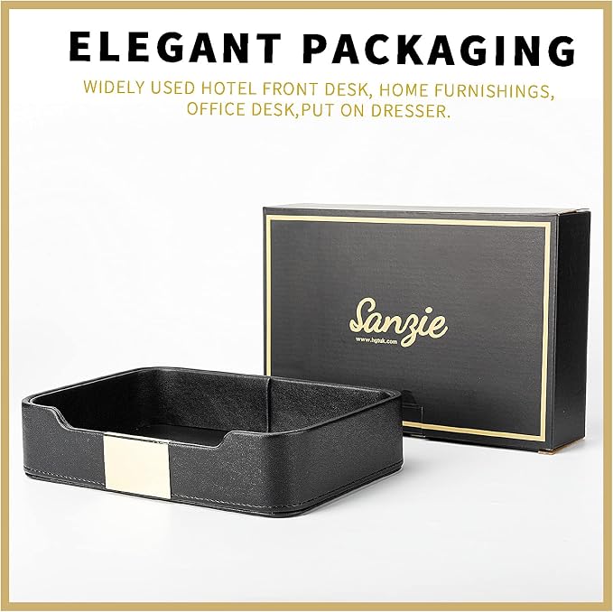 SANZIE Luxury Leather Tray Organizer Valet Tray Key Tray for Entryway Table Desktop Storage Catchall Tray Decorative Tray for Jewelry Keys Wallet Phone Watch (Metal Gilded, Black)