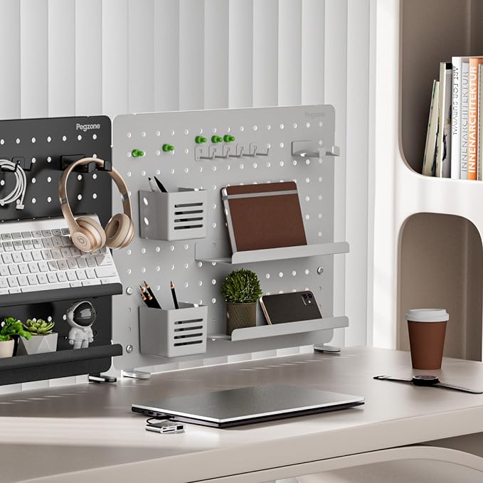 PEGZONE Clamp-on Desk Pegboard, Desk Organizer for Office Gaming Home, Magnetic Metal Peg Board with 15 Accessories, Privacy Panel, 20.4" x 16.5", Large, White