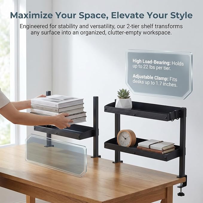 2-Tier Clamp-on Desk Shelving Unit, Adjustable Metal Storage Tray, Space-Saving Desktop Organizer for Gaming, Office Supplies, Monitor Stand, Dresser Top Storage, Ideal for Home Office, Study,