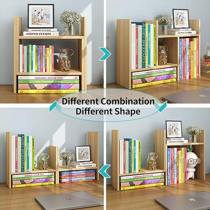 Desktop Shelf Organizer, Adjustable Wood Office Storage Rack, Counter Display Small Bookshelf for Home/Office/School(Light Walnut)