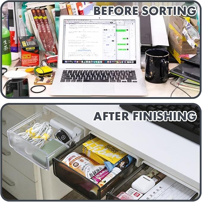Davidsons Collection Self-adhesive Under Desk Drawer, 2 Packs Table Hidden Organizer Slide Out Large Storage Desktop Pencil Tray for Office Home School Kitchen , Matte Black