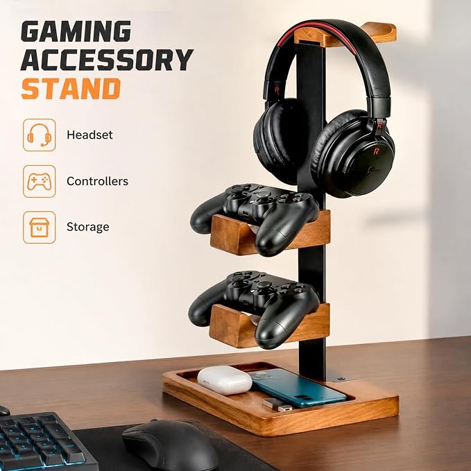 Headset Stand with Dual Controller Holder, Solid Wood Headphone Stand with Storage Base, Gaming Equipment Accessories for Desk, Controller Holder for Gamers