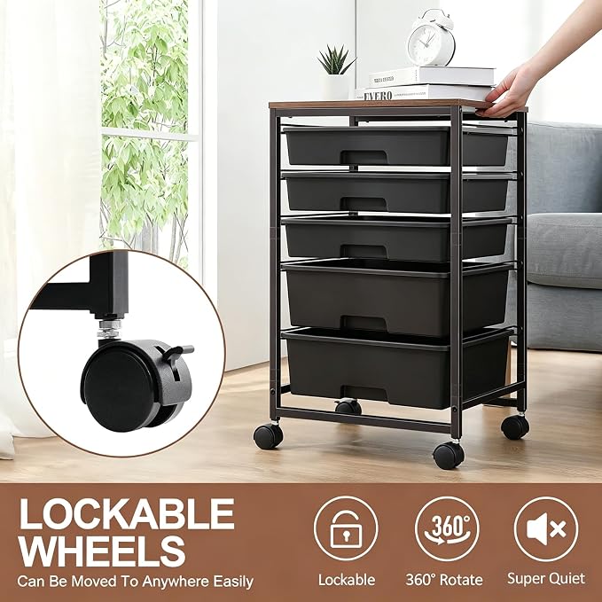 SYKIARIOL 5-Tier Rolling Utility Storage Drawer Craft Cart on Wheels with Wooden Tabletop, Mobile Craft Storage Drawer Cart Trolley for Home Office, Classroom, Craft Room & Kid Room, Black