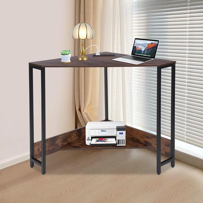 Corner Small Desk with Outlets, Triangle Desk with Storage, for Small Space Home Office, Workstation, Living Room, Bedroom (Brown)