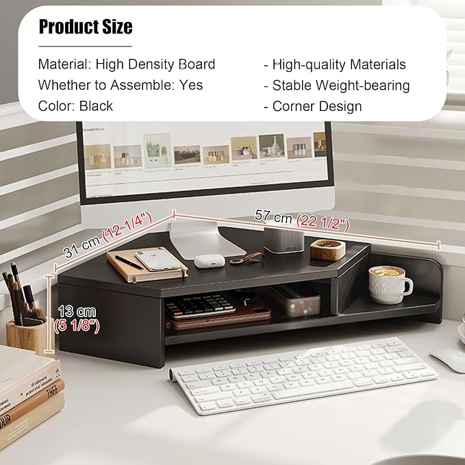 Kunovo Corner Monitor Stand with Double Storage Space, Ergonomic Triangle Desktop Corner Shelf, Save Space Desk Organizer Shelf for Office/Home (Color : Black)