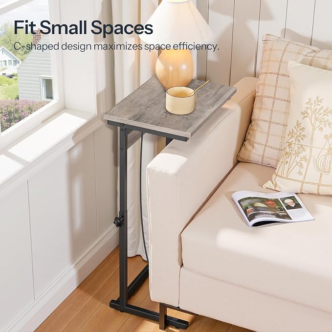 HOOBRO C-Shaped End Table with Charging Station, Adjustable Height Sofa Tray Side Table, Slide Under Couch Arm Table, Small C Side Table for Small Space in Living Room, Bedroom, Greige BG71USF01