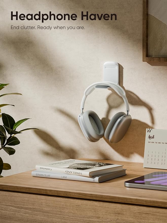 MAMUVIMO Headphone Stand, Headset Stand Foldable ＆ Sticky, Headphone Holder Hook Mount with Non-Slip Silicone, Adhesive Earphone Desk Hanger Clip Space-Saving for Airpods Max, All Earphones-White