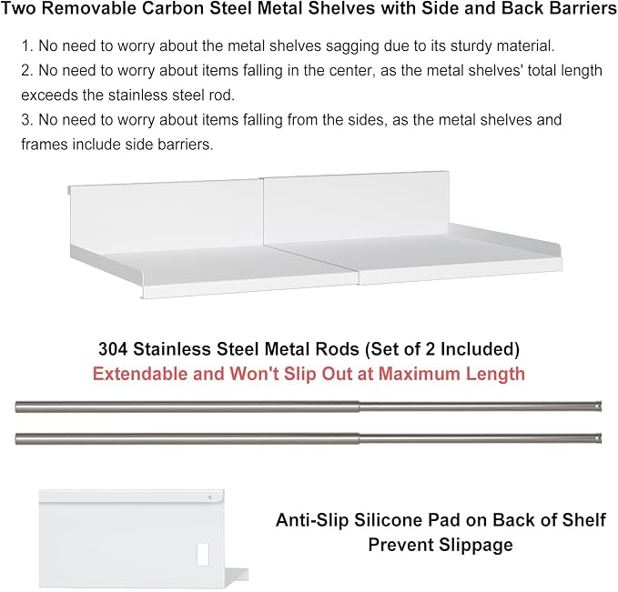 Expandable Under Cabinet Shelf Organizer with 0.94-Inch Thick Clips, Heavy Duty Extendable Under Shelf Storage Basket for Pantry or Laundry Room, White, 2 Pack, Interior: 5.7" H x 8.54" D