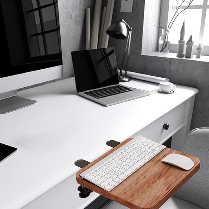 Desk Extension Desk Shelf Armrest Pad Keyboard Pad Side Shelf Wrist Metal Foldable for Work, Walnut Color