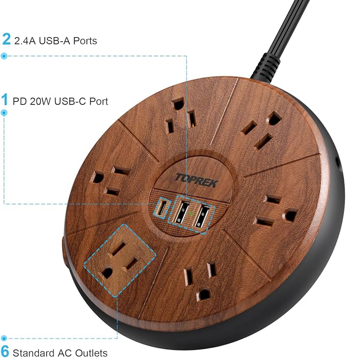 Power Strip with USB - 6 Outlets, 1 USB-C (20W PD), 2 USB-A - Wood Finish Power Strip Surge Protector, 6.5 ft Flat Extension Cord for Home Office, Dorm Desk