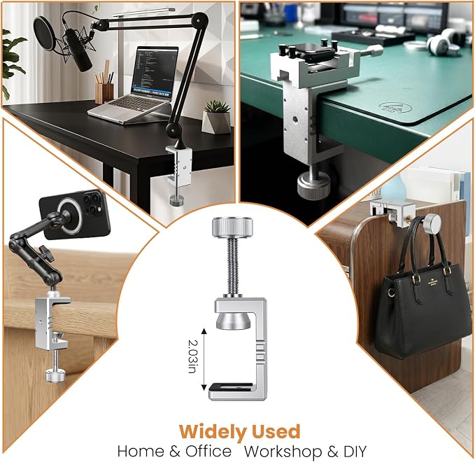 Heavy Duty C Clamp & Desk Clamp, Aluminum Alloy Table Mount with 1/4" & 3/8" Camera Tripod Adapter, Wide Jaw Design for Desk, Shelf, Camera Mount, Woodworking & Workbench (Silver)