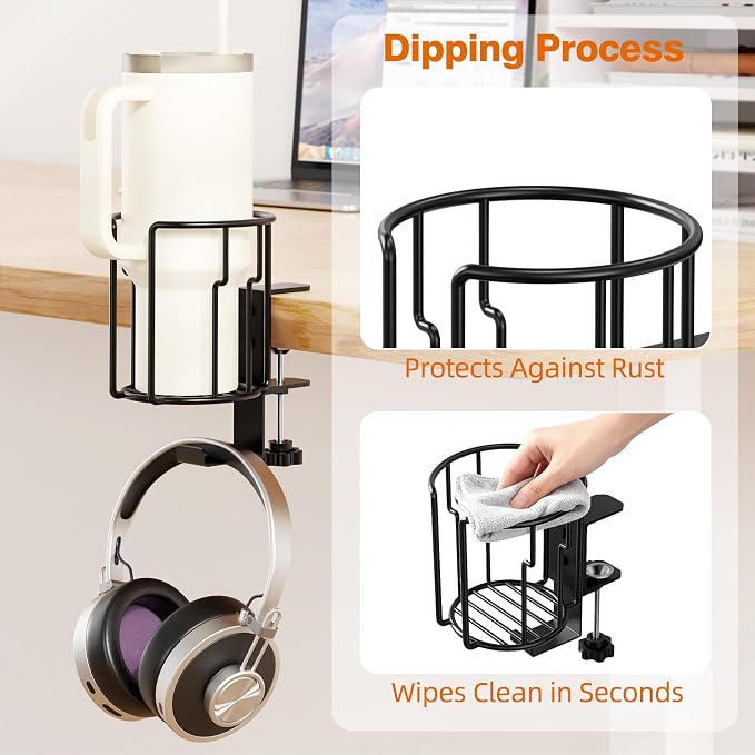 Large Desk Cup Holder, 2-in-1 Clip On Cup Holder with Headphone Hook, Heavy-Duty Metal Drink Holder for Insulated Tumblers, Big Water Bottles, Fits Office Desk Organizer, Dorm, Gaming Setup (2 Pack)
