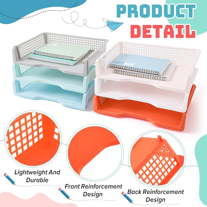 Teenyyou Set of 12 Colorful Turn in Trays Classroom Plastic Stackable Paper Tray Classroom Teachers Desk Organizer Bin for Office Home Teachers Organization and Storage, 9 x 13 x 3 Inches(Boho)