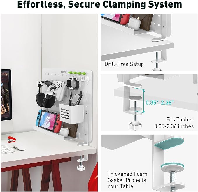 Clamp-on Desk Pegboard – Steel No Drill Desktop Organizer Panel with Gaming Controller Holder, Headphone Hook, and Storage Shelf – Vertical Mount for Office and Home Setup(White