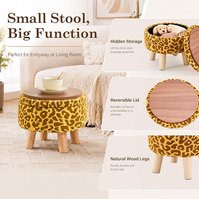 Wimarsbon Storage Ottoman, Modern Round Footrest with Soft Padded Seat, Pattern Velvet Footstool with Wood Legs, Accent Small Table or Plant Stand for Hallway, Living Room (Yellow)