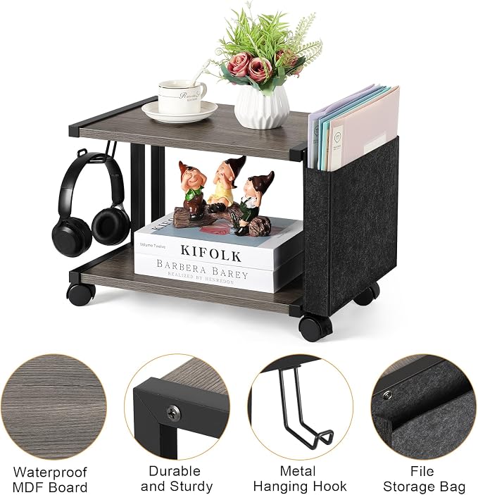 BTY Printer Stand Under Desk Printer Table with Storage Small Printer Cart with Wheels 2 Tier Desktop Printer Stands for Home Office Fax Machine Scanner Files (Grey)