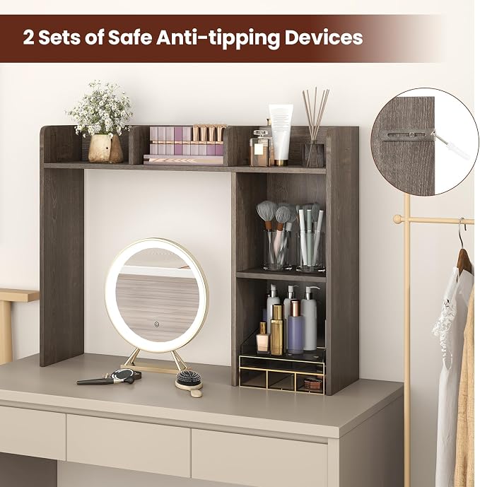 MAT EXPERT Desk Organizer, Wooden Desktop Shelf for 27 Inch Monitor with 5 Shelves & Non-Slip Foot Pads, Anti-Tipping Device, Multipurpose Desk Hutch for Study, Office, Dorm (Grey)