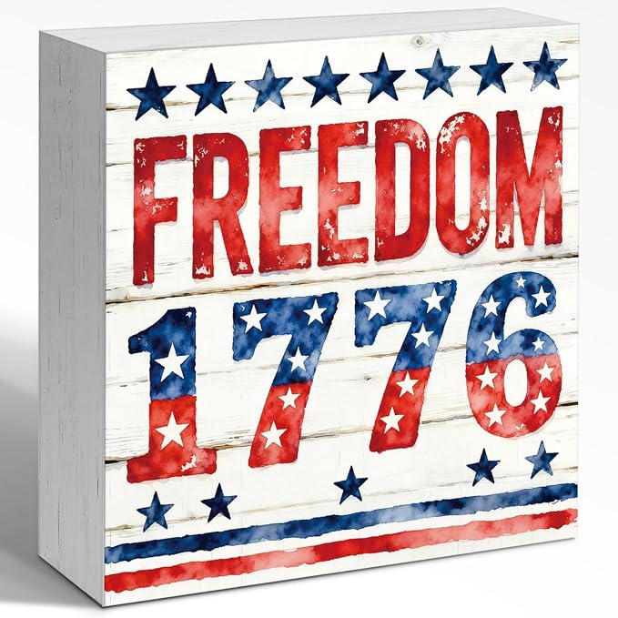 Patriotic Wooden Box Sign,Freedom 1776 4th Of July Signs Home Decor,Independence Memorial Day Block Sign for Desk Shelf Tabletop Decor