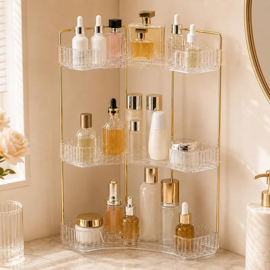 Ceruaxb 3-Tier Corner Bathroom Counter Organizer, Plastic Countertop Makeup Organizer, Large Capacity Vanity Bathroom Perfume Shelf Rack for Kitchen Office Desktop (Clear)