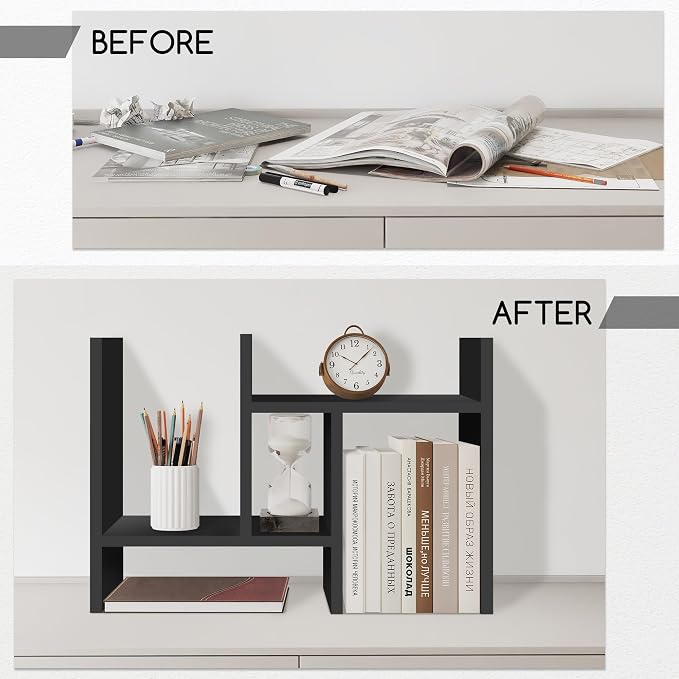 Jerry & Maggie Desktop Organizer Office Storage Rack Adjustable Wood Display Shelf Free Style Double H, Multi-Functional Mini Bookshelf for Desk Natural Stand (Black/2 Pack)