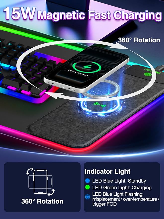 RGB Gaming Mouse Pad with 15W Magnetic Wireless Charger, 31.5'' x 11.8'' Large LED Desk Mat, 24 Lighting Effects Keyboard Pad with Non-Slip Rubber Base, Waterproof Ultra-Smooth Surface