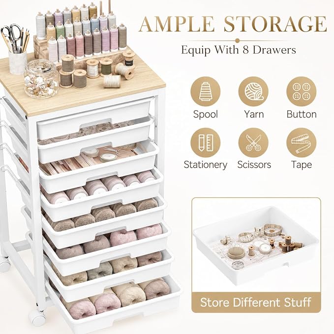 SYKIARIOL Rolling Cart with Drawers,8 Drawer Rolling Cart,Rolling Drawer Cart,Rolling Storage Drawer Cart,White Rolling Cart,Utility Cart with Drawers and Wooden Tabletop