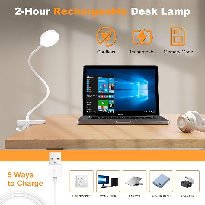 Cordless Reading Lamp with Clamp, 3.5'' Rechargeable LED Clip Light for Bunk Bed Headboard Home Office Desk, Flexible and Dimmable Book Light with 3 Color Temperatures & 10 Brightness (White/3.5'')