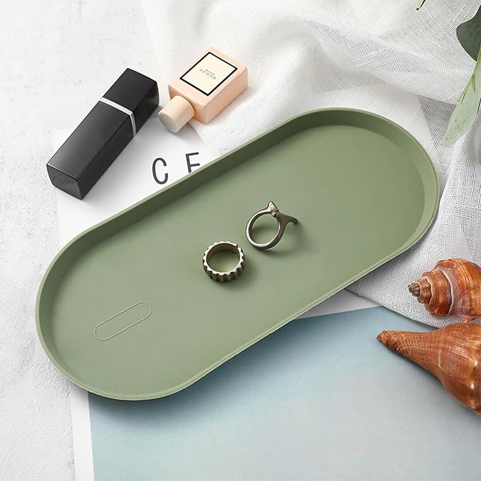 Green Silicone Vanity Tray, 8.66x3.94 Inch Oval Food-Grade Counter Organizer, Dishwasher Safe Scratch-Proof Storage Tray for Jewelry Makeup Bathroom Desk