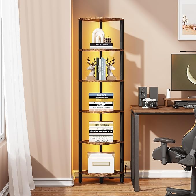 TUTOTAK Corner Shelf with LED Light, 6-Tier Corner Bookshelf for Small Space, Narrow Display Corner Shelf Stand with Storage Rack, for Living Room, Bedroom, Rustic Brown BS08BB006L