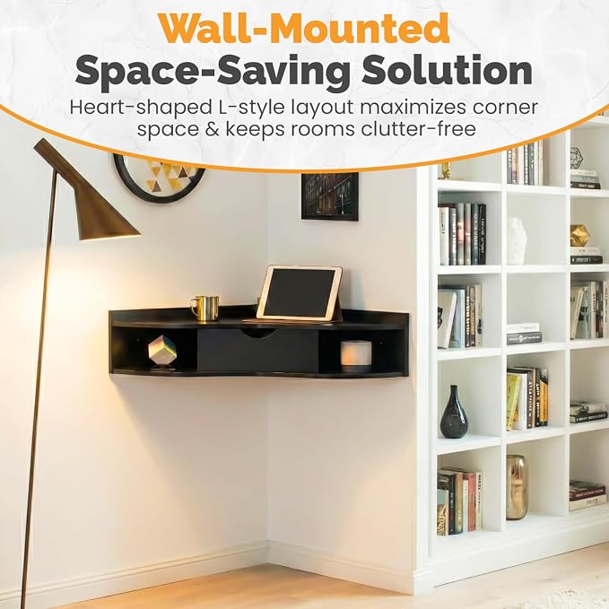 Basicwise Brown Heart Shaped Wall Mounted Office Table with Drawer and Two Shelves Computer Writing Corner Desk,QI004024.BK