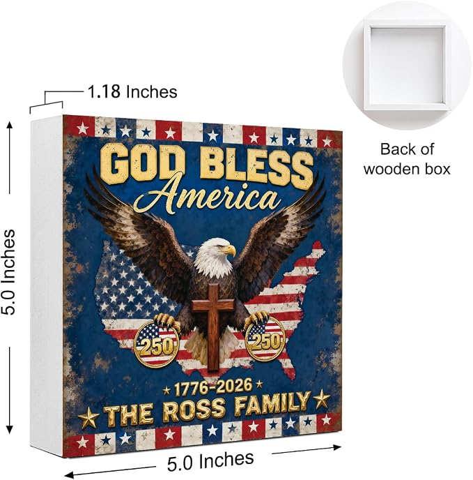 Patriotic Wooden Box Sign,God Bless America Eagle 4th Of July Signs Home Decor,Independence Memorial Day Block Sign for Desk Shelf Tabletop Decor