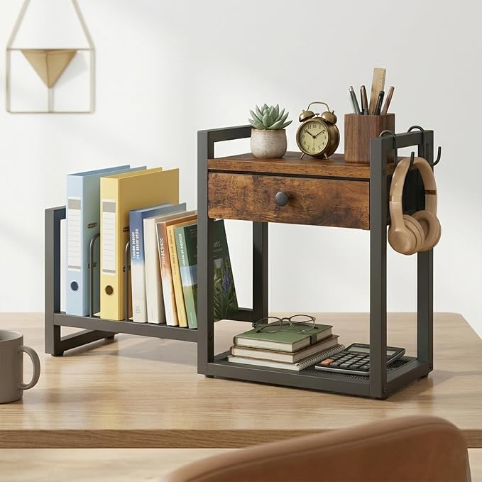 MAHANCRIS Desktop Shelf Organizer, 2-Tier Wooden Desk Bookshelf, Small Tabletop Book Shelf with Drawer and Hooks, Countertop Storage Rack for Home, Office, Dorm, Rustic Brown POHR2201