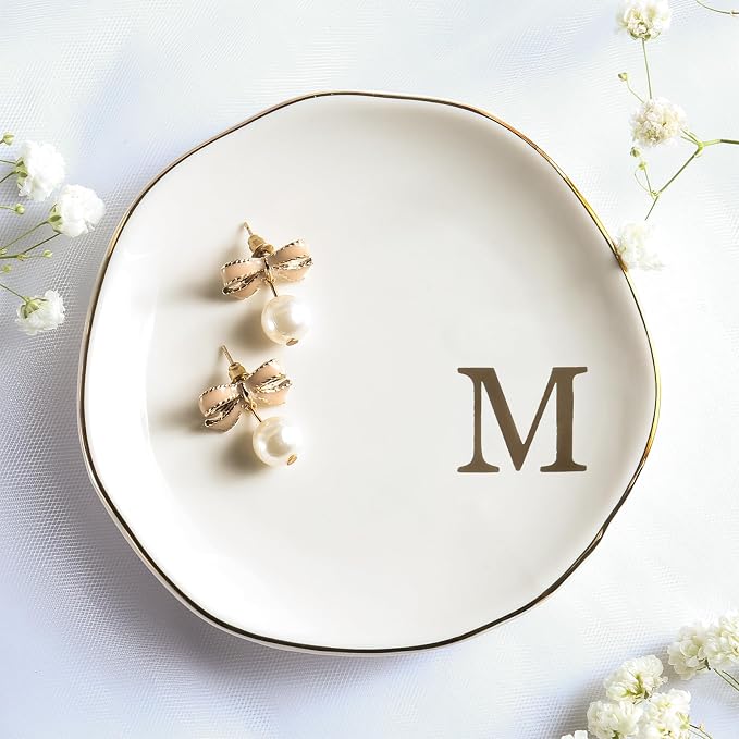 Ceramic Jewelry Tray Ring Dish Personalized M-Monogrammed Engagement Wedding Gifts, for Birthday Mother's Day for Women, Ceramic White 4.75" (M)