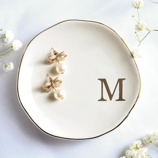 Ceramic Jewelry Tray Ring Dish Personalized M-Monogrammed Engagement Wedding Gifts, for Birthday Mother's Day for Women, Ceramic White 4.75" (M)