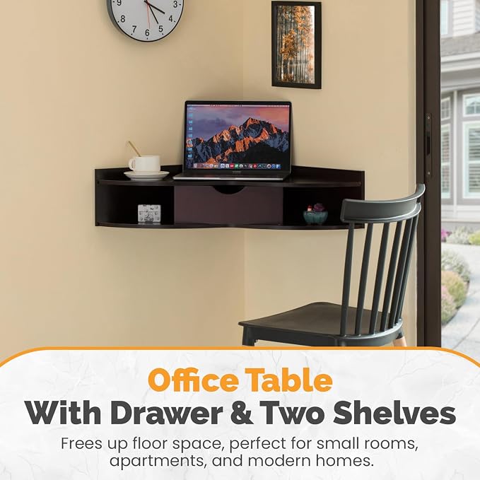 Basicwise Black Heart Shaped Wall Mounted Office Table with Drawer and Two Shelves Computer Writing Corner Desk QI004024.BN