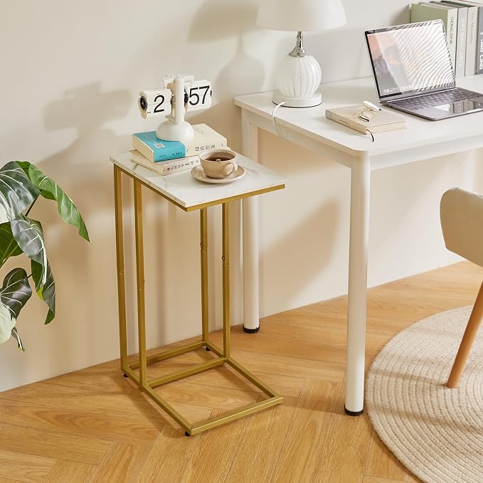 Aibiju Small Side Tables C Shaped, End Table, Small Table Stand for Living Room Bedroom, Little Bedside Table Faux Marble+Gold YD-TM051G