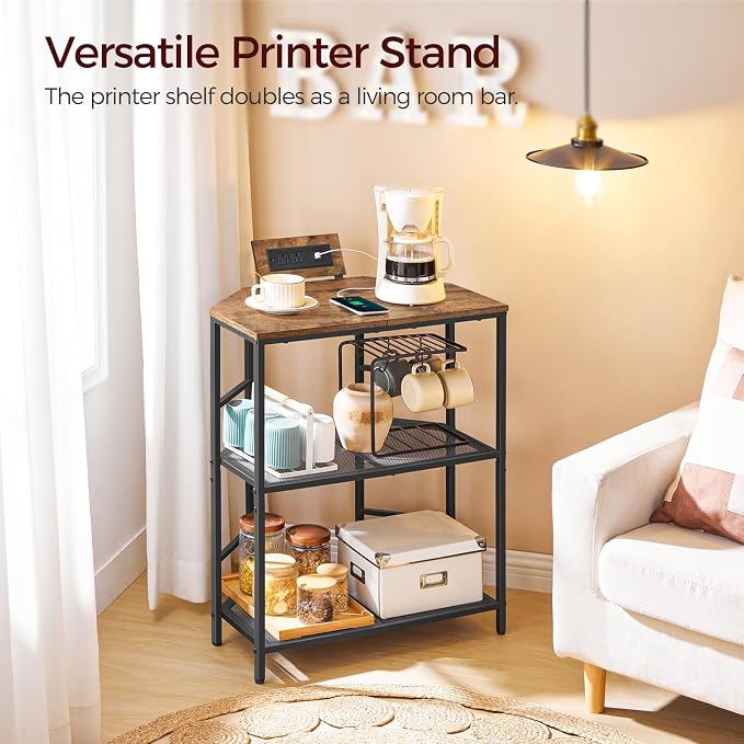 MAHANCRIS Corner Printer Stand with Charging Station, 3-Tier Large Printer Table with Adjustable Feet, Metal Frame Storage Shelf for Office, Living Room, Small Space, Rustic Brown PTHR14E01