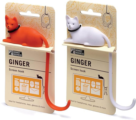 Monkey Business Ginger The Cat Tail Hook for Computer Screen, Desk Headphone Hanger Organizer Decorative Hooks, Adhesive Hook for Hanging Keys Cables Hats and Computer Accessories