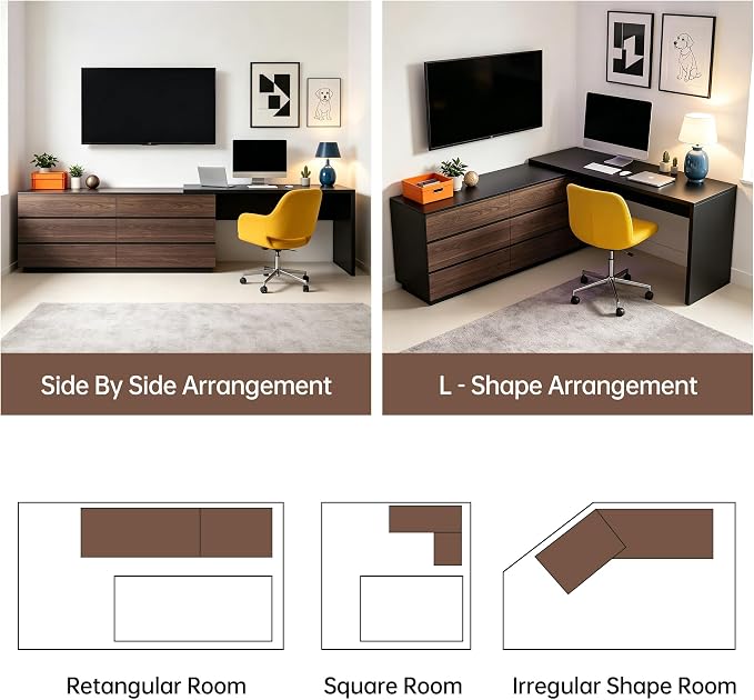 Retractable L-Corner Computer Desk with 6 Organizer Drawers for Games, Make-up, Home Office, Walnut