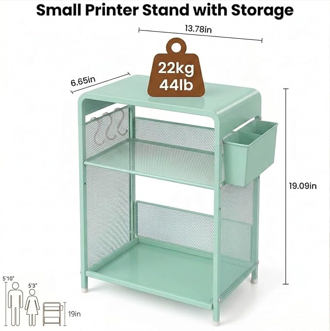 ECOLOVI 3 Tier Printer Stand for Under Desk, Height Adjustable Shelf Small Printer Table with 3 S-Hooks & Basket, Heavy Duty Industrial Storage Shelf for Home Office (Green Metal)