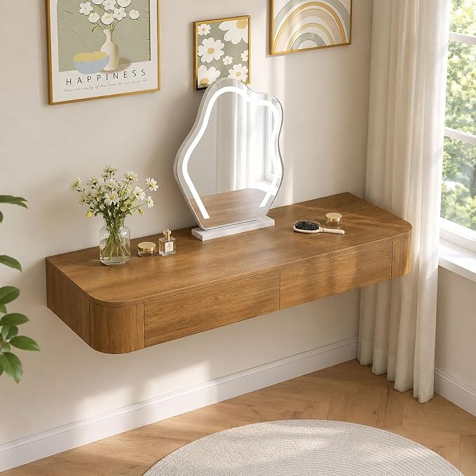 Floating Makeup Vanity Desk with Drawers Wall Mounted Makeup Table with Storage Fully Assembled Floating Vanity Desk Space Saving Modern Dressing Table for Bedroom Closet(Walnut,47.2")