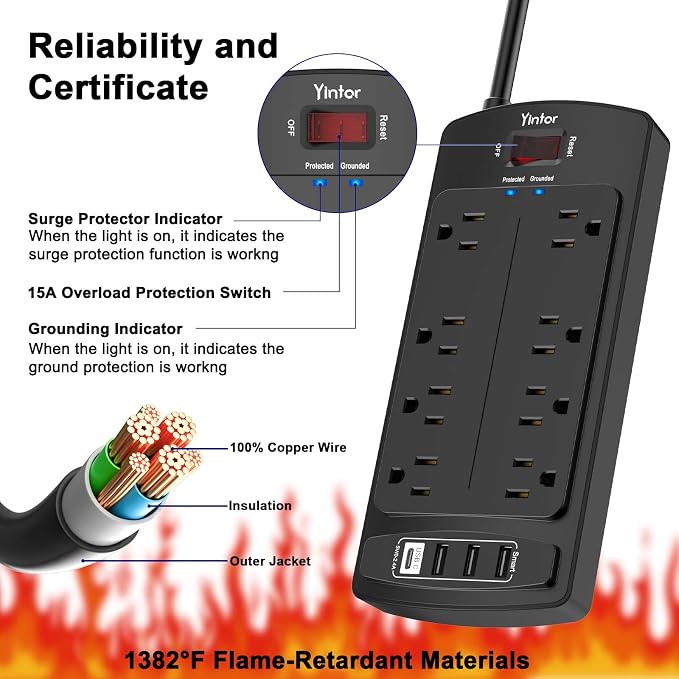 Surge Protector Power Strip, Yintar Flat Plug Extension Cord with 8 AC Outlets and 4 USB Ports, 6 Feet Power Cord, 2700 Joules, ETL Listed, Black